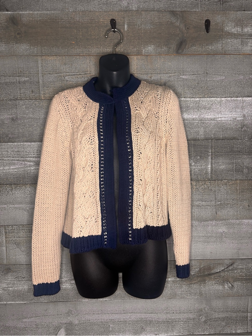 Chico’s cotton blend Cream and Navy chunky Cable Knit fisherman Cardigan Sweater